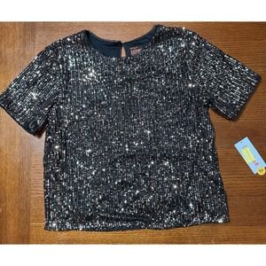 Cat & Jack Girls Sequin Shirt Black Short Sleeve Top XL 14 NWT Sparkle Holiday